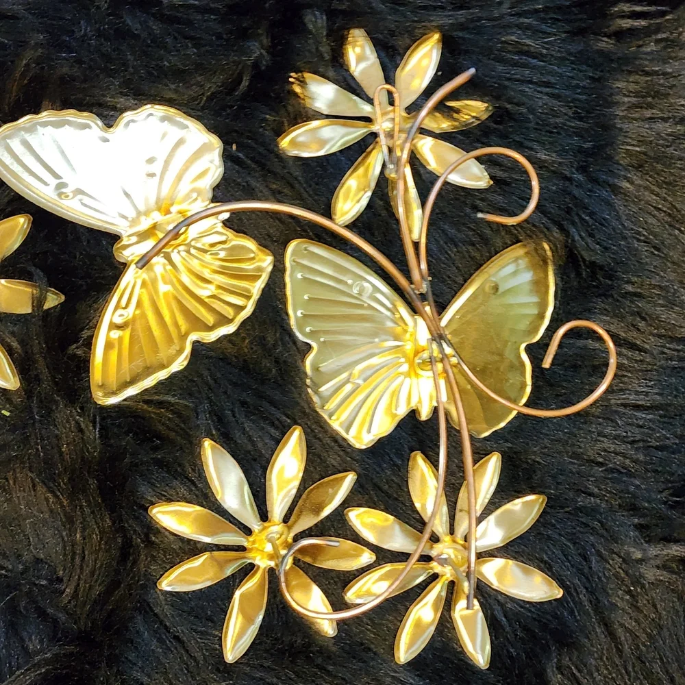 Set of 2 Vintage Brass Colored Metal Butterfly and Flower Wall Decor